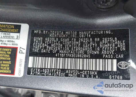 2014 Toyota Camry Se из США, поврежденный, VIN 4T1BF1FK9EU862845